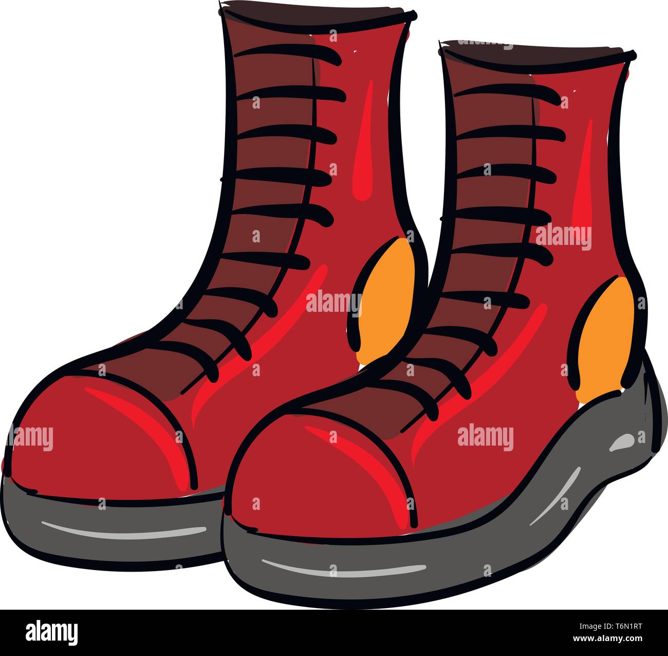 A pair of red boots yellow in color along the heels are tied with black laces and has a grey base  over white background  vector  color drawing or ill Stock Vector