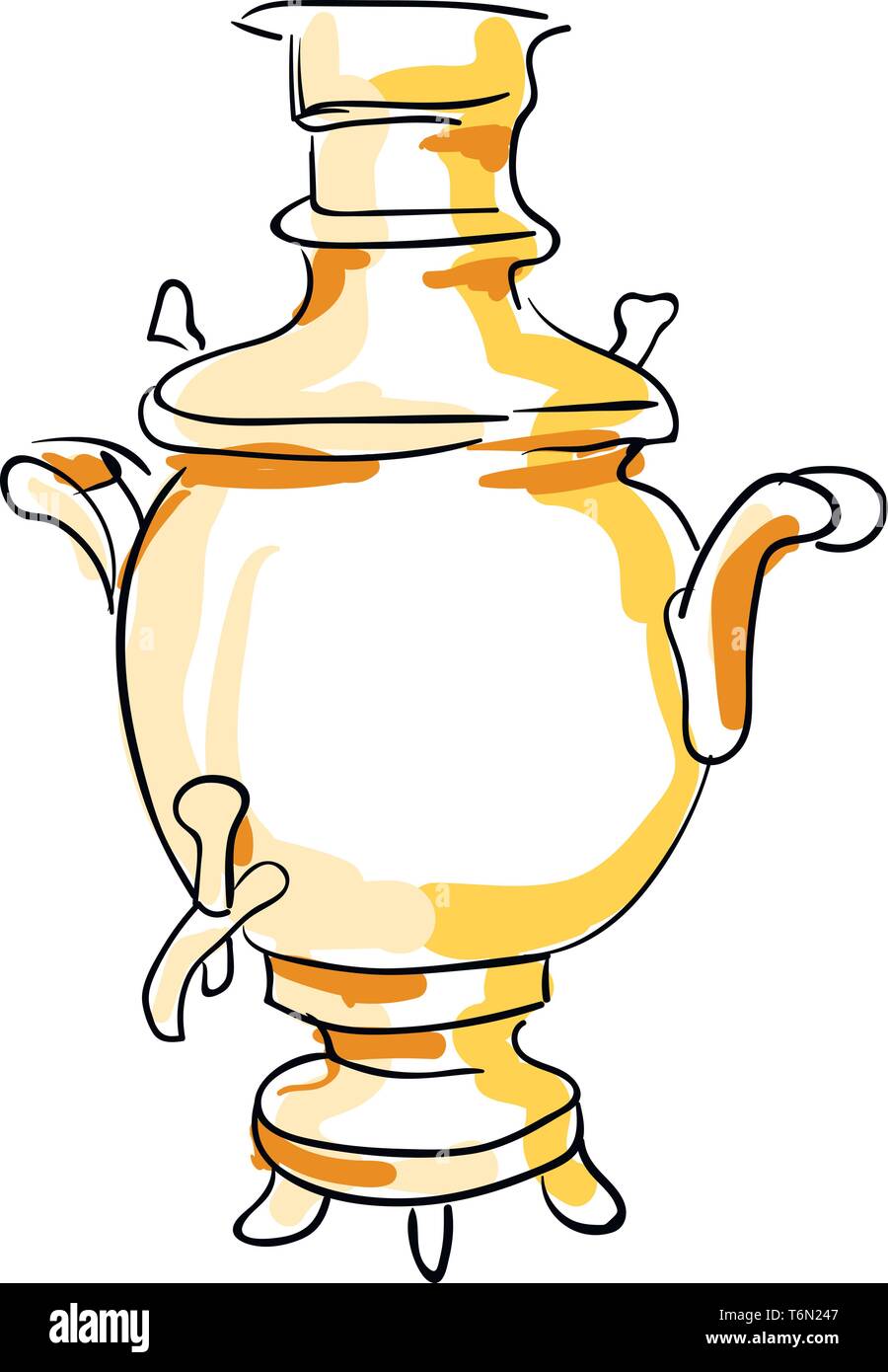 Sketch of a highly decorated tea urn brown in color with a lid  handles  small tap to its front  and equipped with legs for the whole set-up to stand  Stock Vector