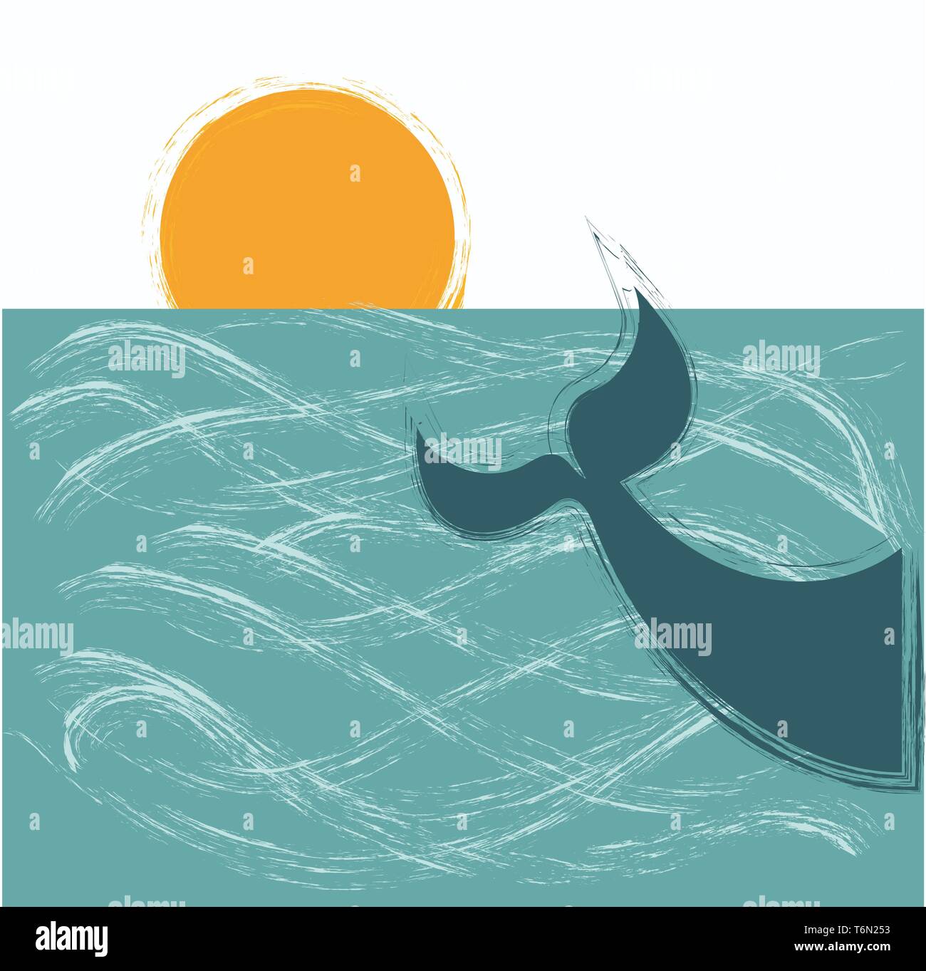 The scenic view of a landscape where the line meets the sky and a rising sun along with the paddle-shaped flipper of a blue-colored sea animal  vector Stock Vector