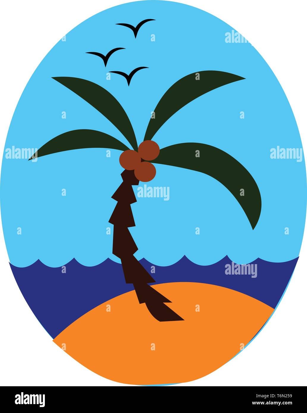 Sea with a palm tree having a crown of very long feathered or fan-shaped leaves bearing few coconuts above the land and few birds flying high up the s Stock Vector
