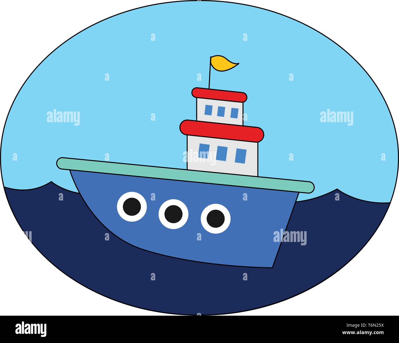 A beautiful blue cartoon ship sailing across the sea with a yellow colored flag that unfurls in the wind and a clear blue sky completes the background Stock Vector