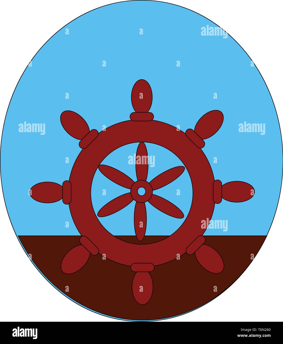 A maroon-colored ship's steering wheel composed of eight cylindrical wooden spokes shaped like balusters and all joined at a central wooden hub  vecto Stock Vector