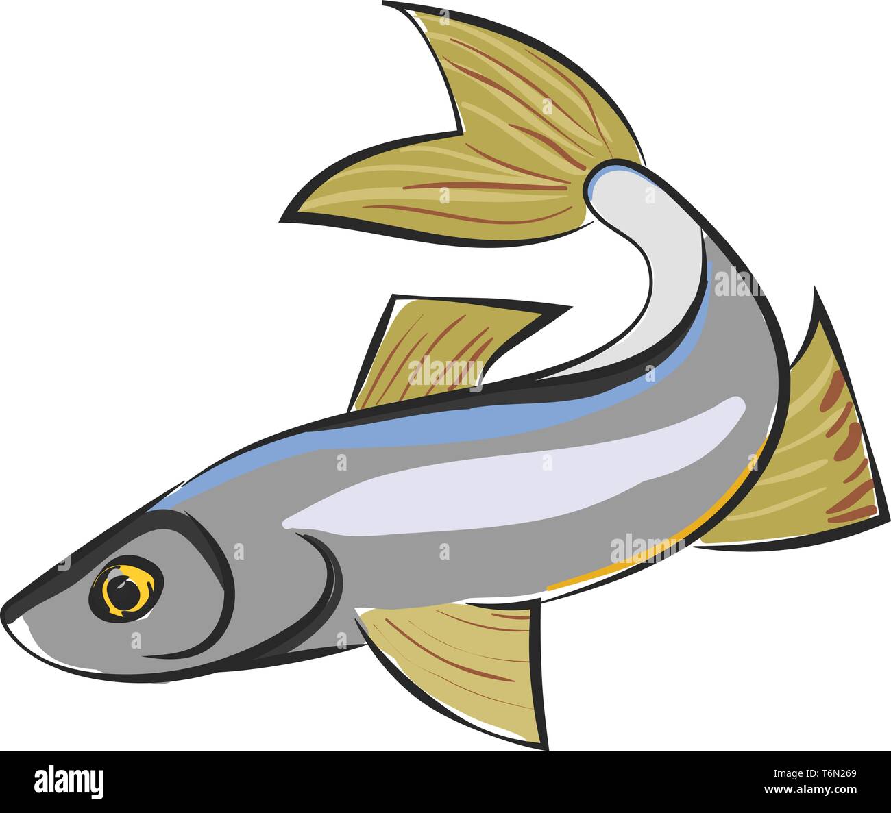 Clipart of a Sig fish with a streamlined silver body  yellow eyes  and green-colored fins and a paddle-shaped tail or caudal fin  vector  color drawin Stock Vector
