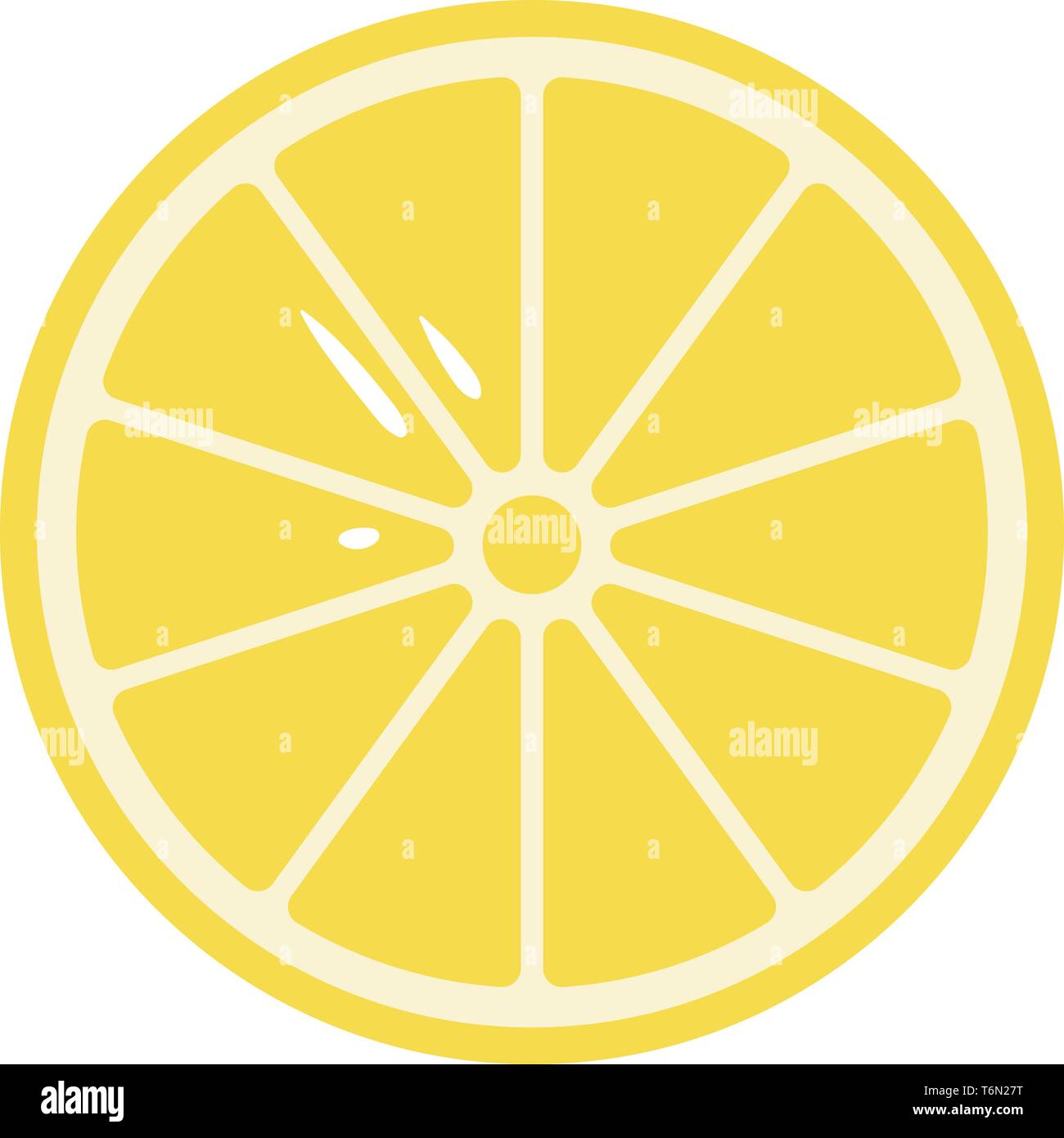 Cartoon sliced pale yellow circular lemon that would yield a total of ten prepped lemon wedges with few seeds exposed  vector  color drawing or illust Stock Vector