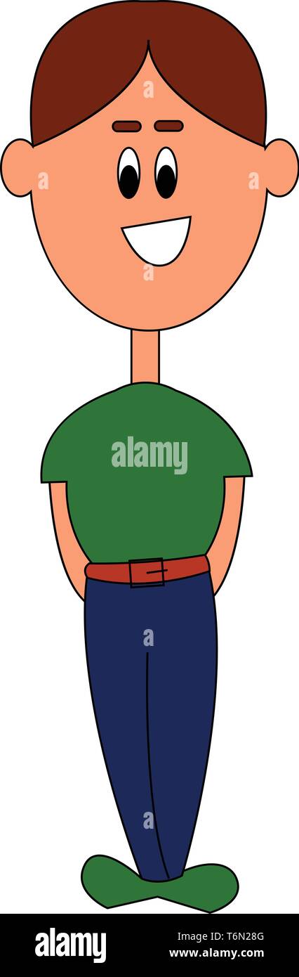 A boy in a green-colored shirt and a brown leather belt that holds his blue-colored pants  green-colored shoes is laughing while standing  vector  col Stock Vector