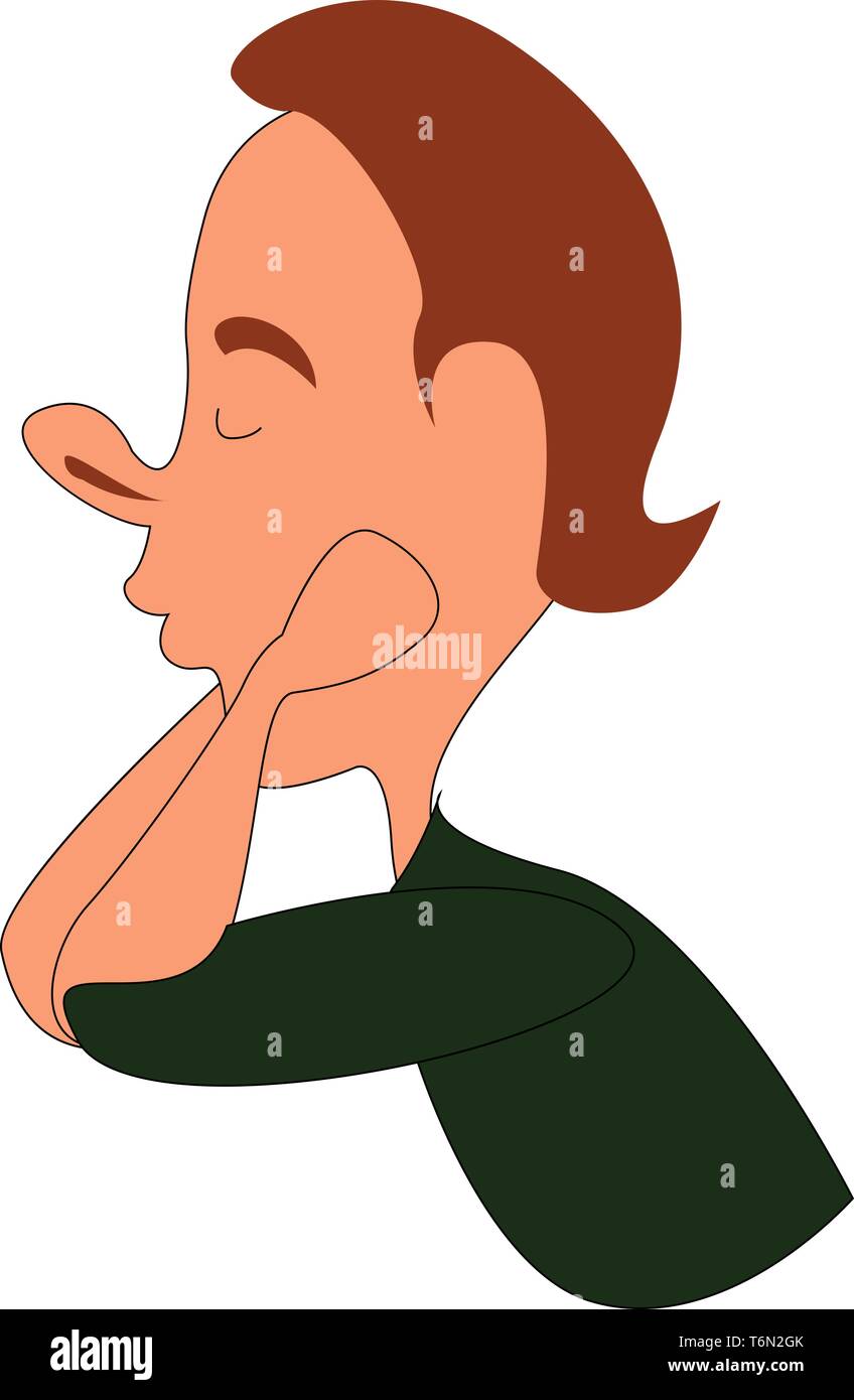 Clipart of a boy thinking in his green costume has a large projecting nose with his hands resting on the chin and elbows on the surface viewed from th Stock Vector
