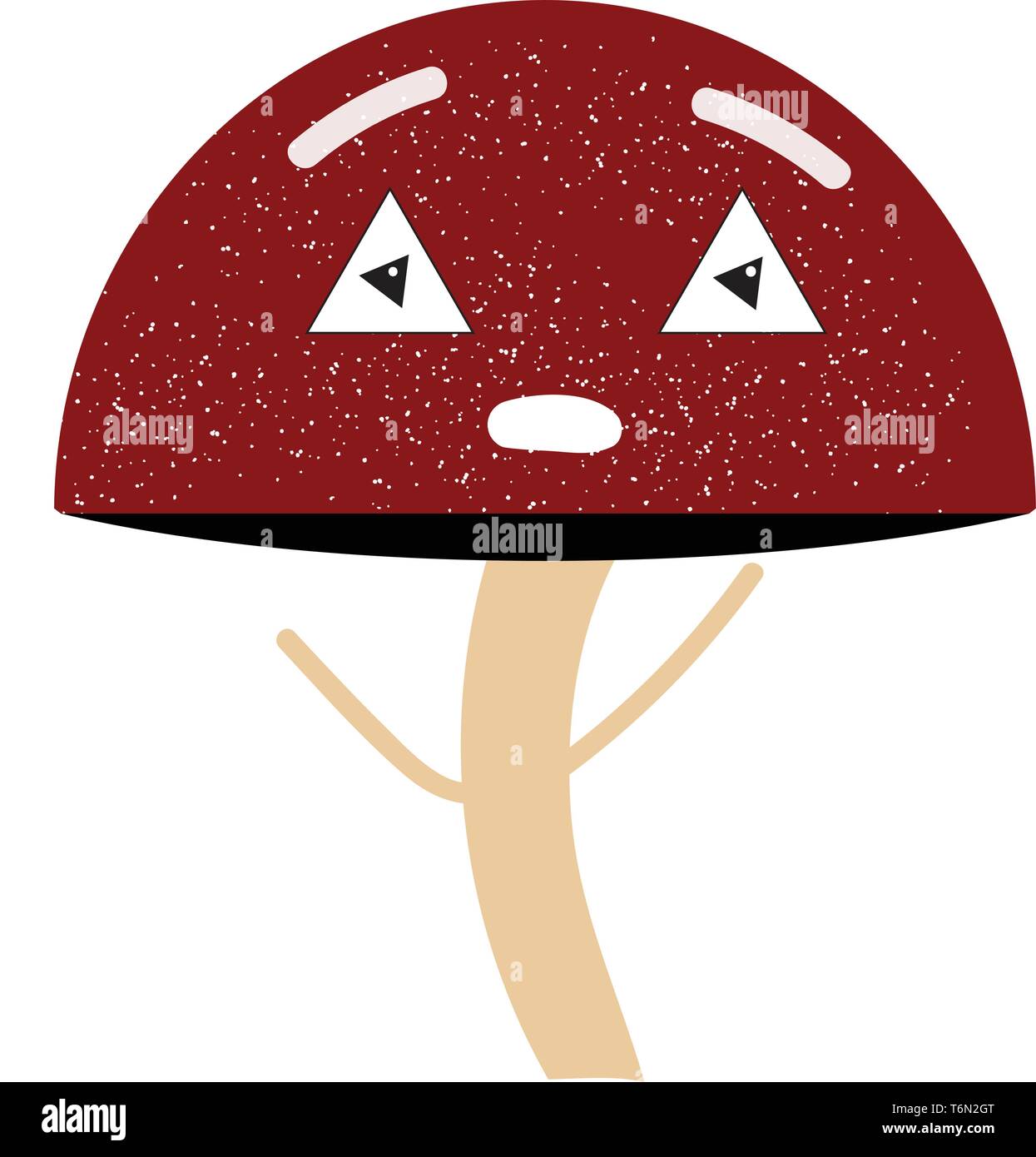 A highly regarded edible mushroom with black gills  peach stem  and a distinctive red cap has spotted white polka dots  triangular eyes  rose eyebrows Stock Vector