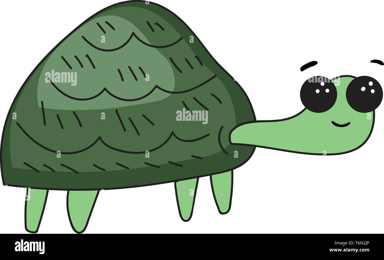 Funny green cartoon turtle with a dark green shell or shield with two bulging eyes and four legs is smiling while walking  vector  color drawing or il Stock Vector