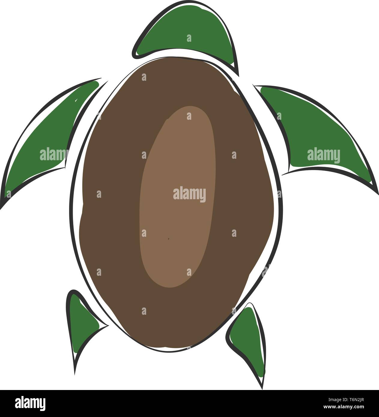 Drawing of a squirming turtle with a large oval-shaped shell or shield and to its exterior a green-colored semi-circular head  sickle-shaped hands and Stock Vector