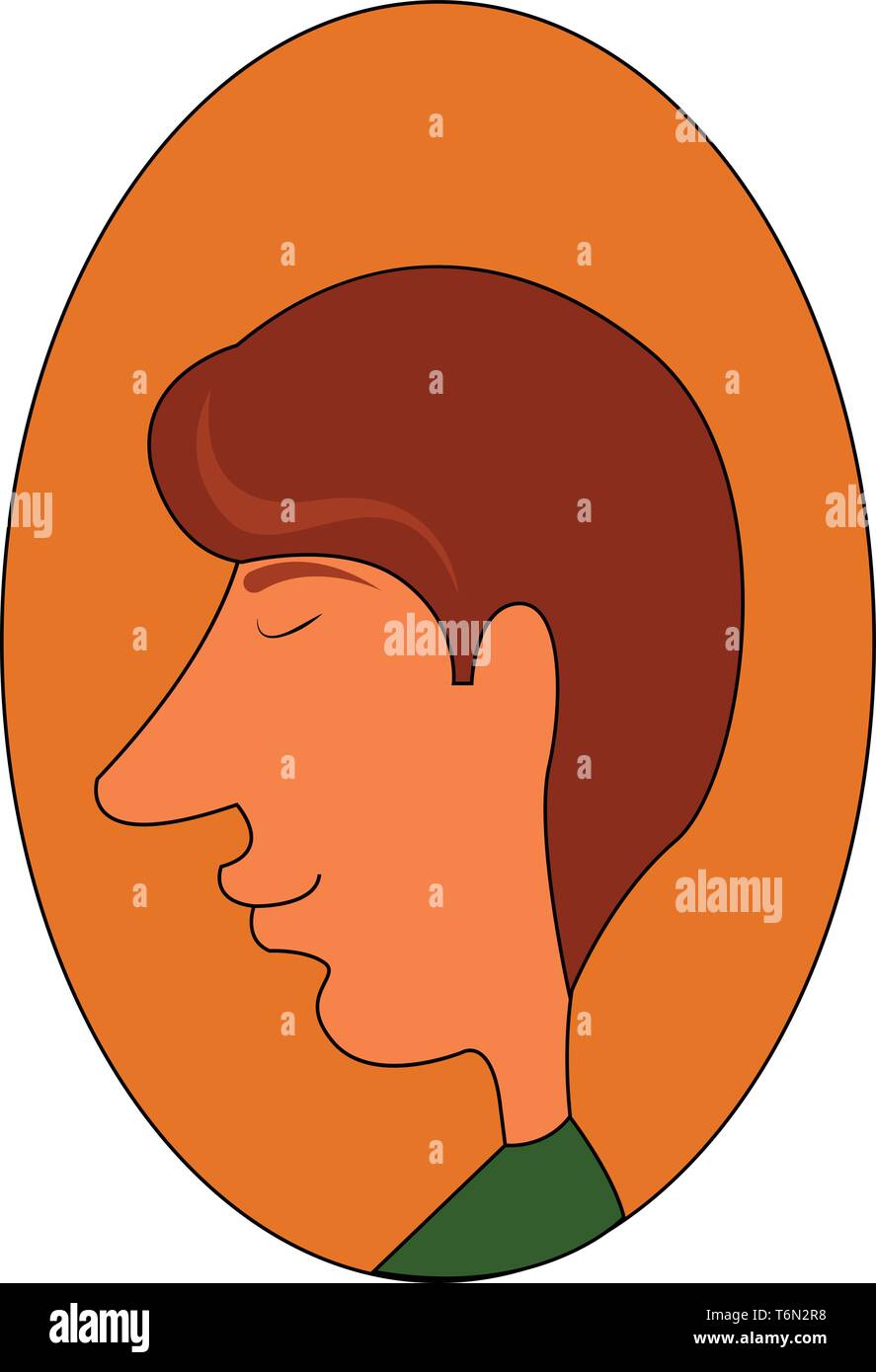 Clipart of a man in a green shirt with a long blunt nose and his eyes closed over oval-shaped yellow background viewed from the side  vector  color dr Stock Vector