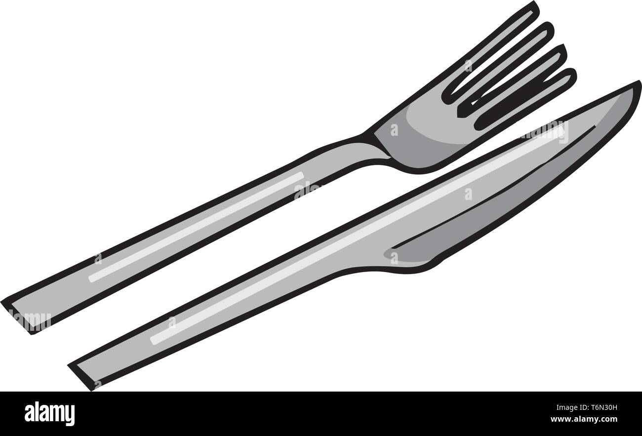A pair of silver fork and knife vector color drawing or illustration