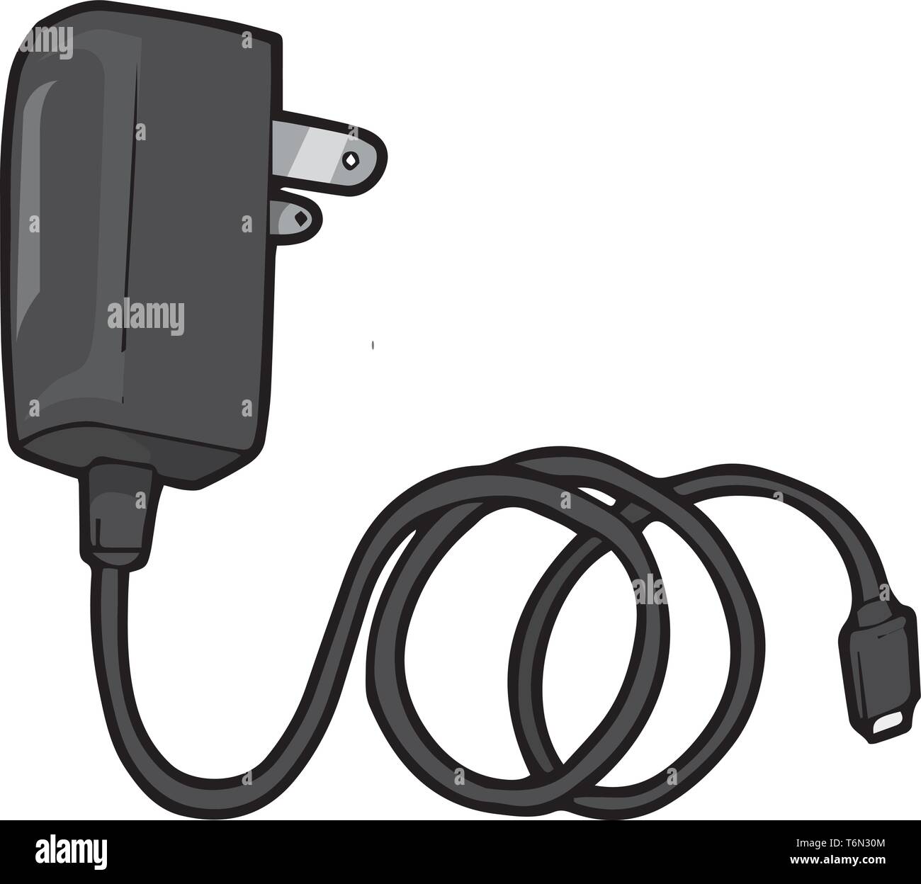 A mobile charger in black colour with a long cable to connect to the