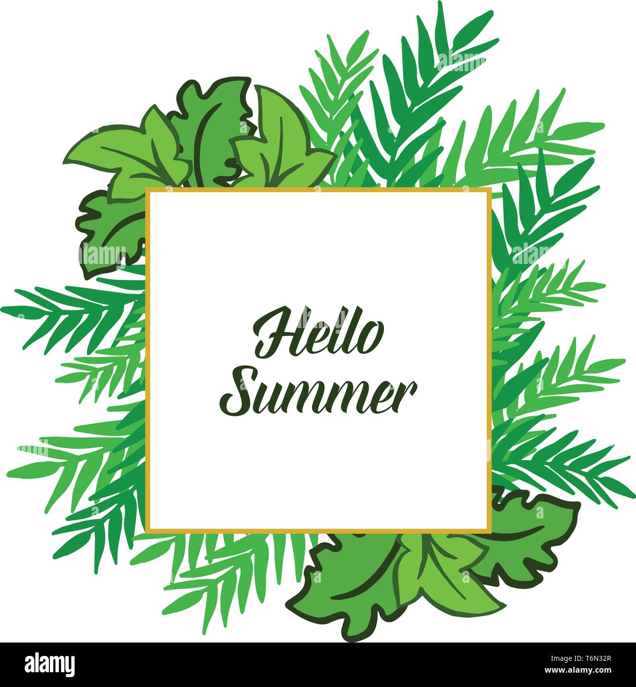 Vector illustration hello summer with green leafy wreath frame hand ...