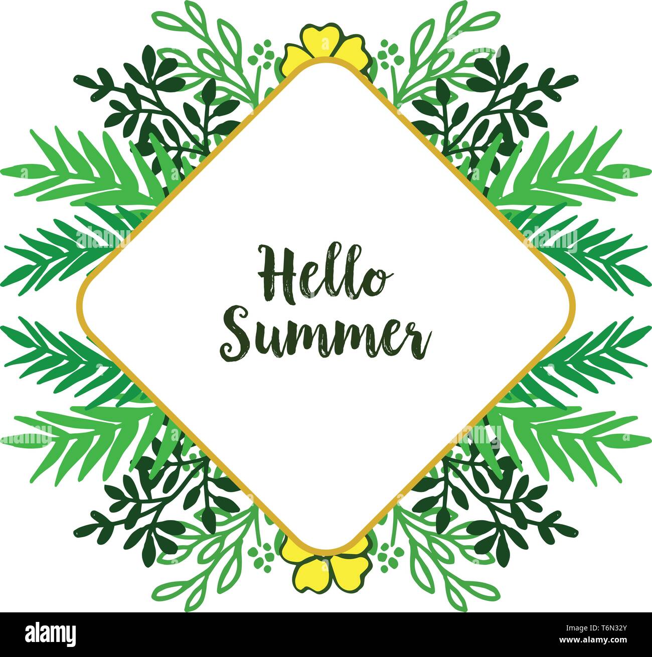 Vector illustration hello summer with green leafy wreath frame hand ...
