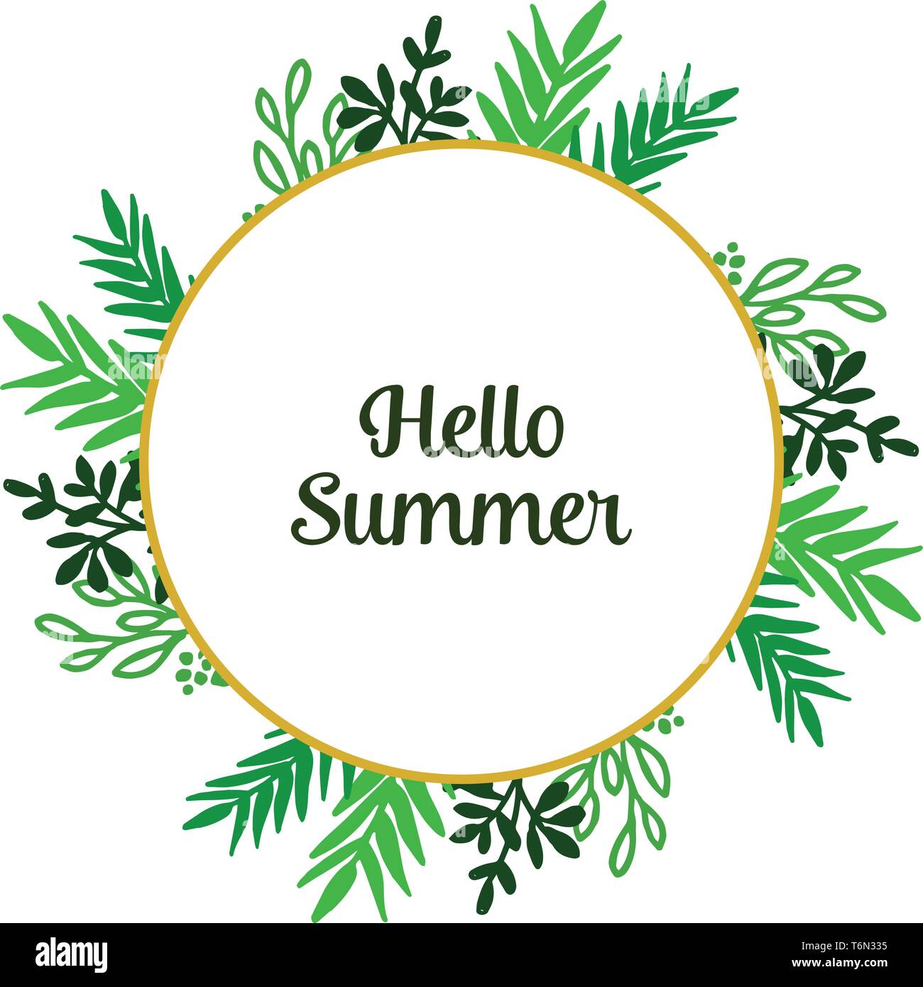 Vector illustration hello summer with green leafy wreath frame hand ...