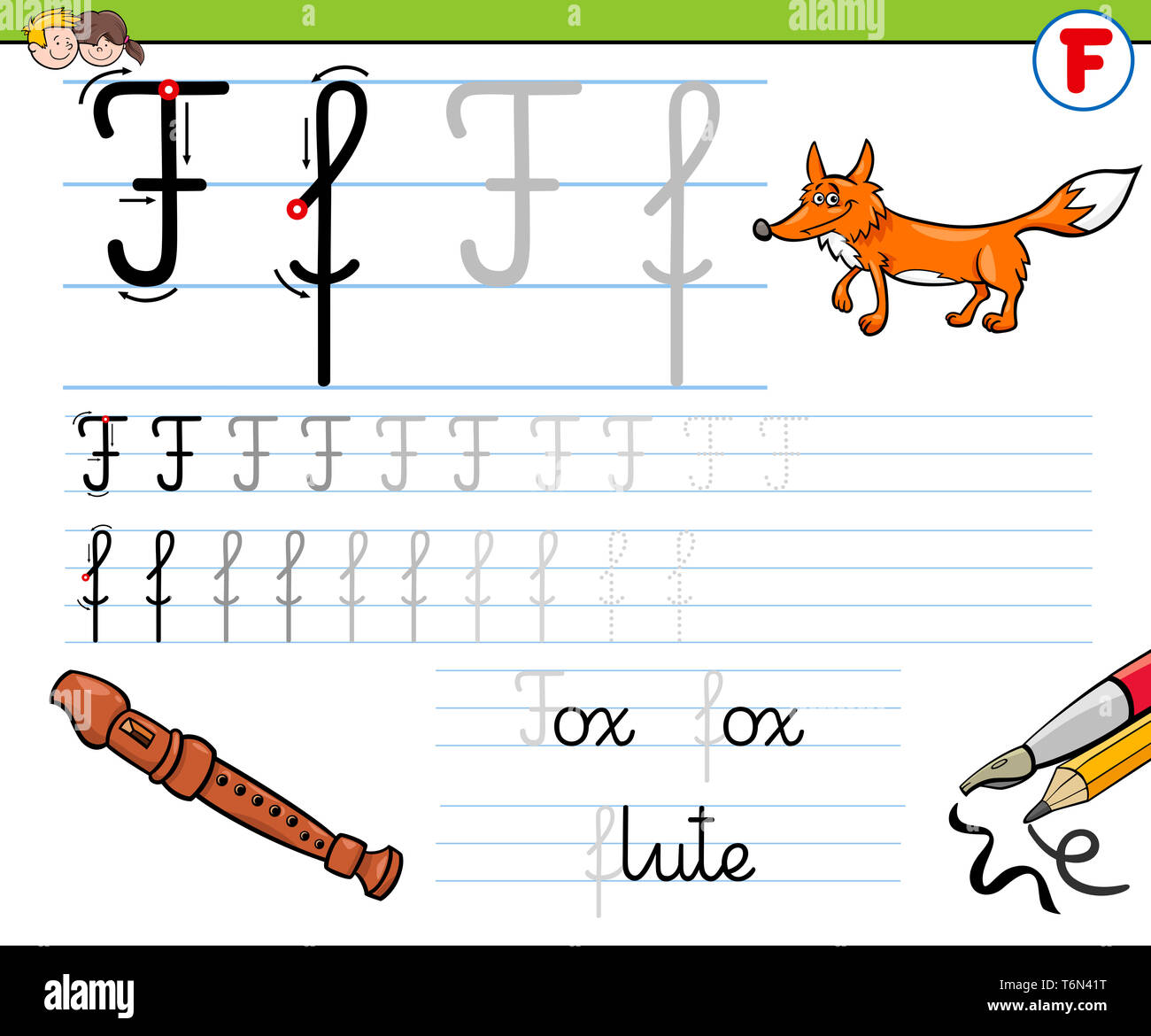 how to write letter F workbook for children Stock Photo - Alamy