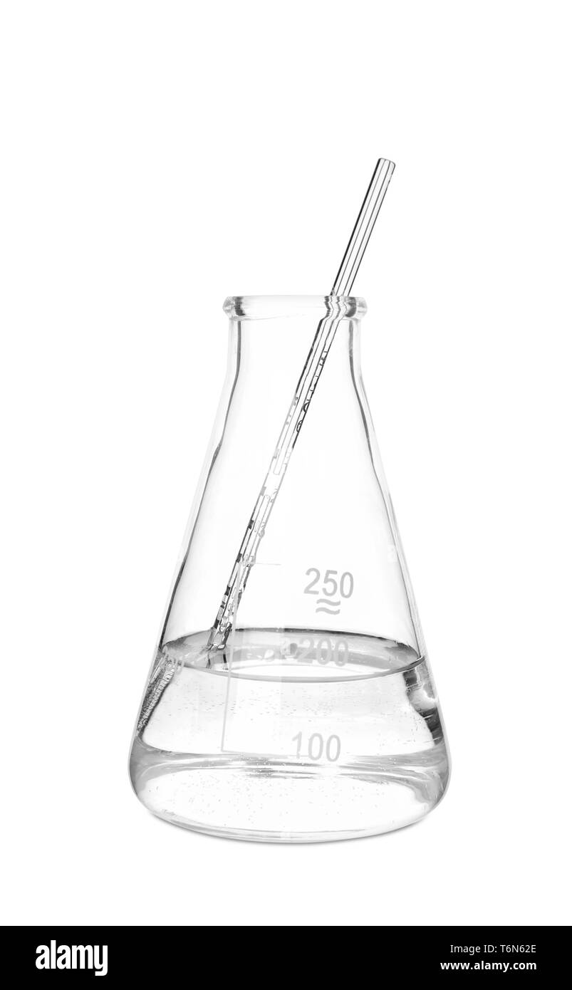 Conical flask with liquid and pipette on white background Stock Photo