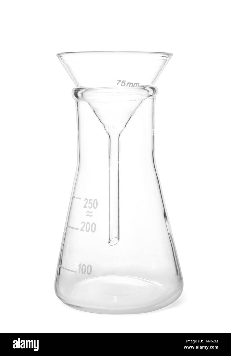 Conical flask and filter funnel on white background Stock Photo