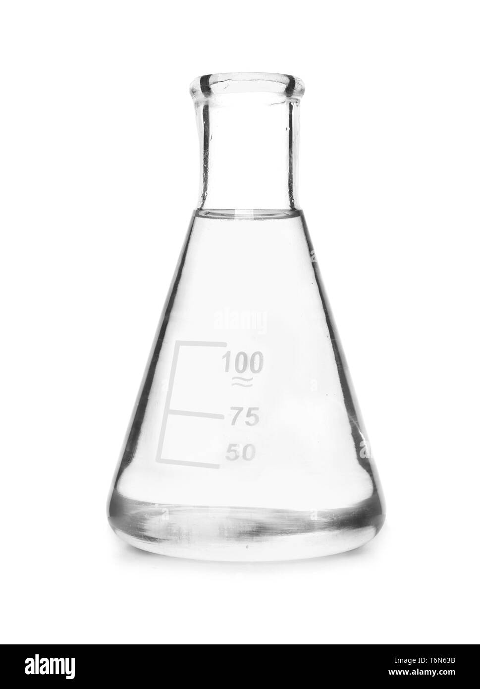 Conical flask with liquid on white background Stock Photo Alamy