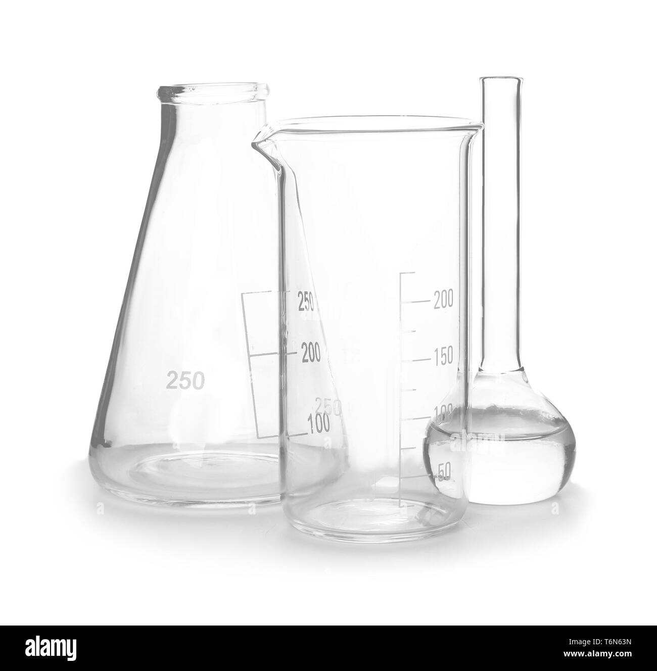 Different laboratory glassware on white background Stock Photo