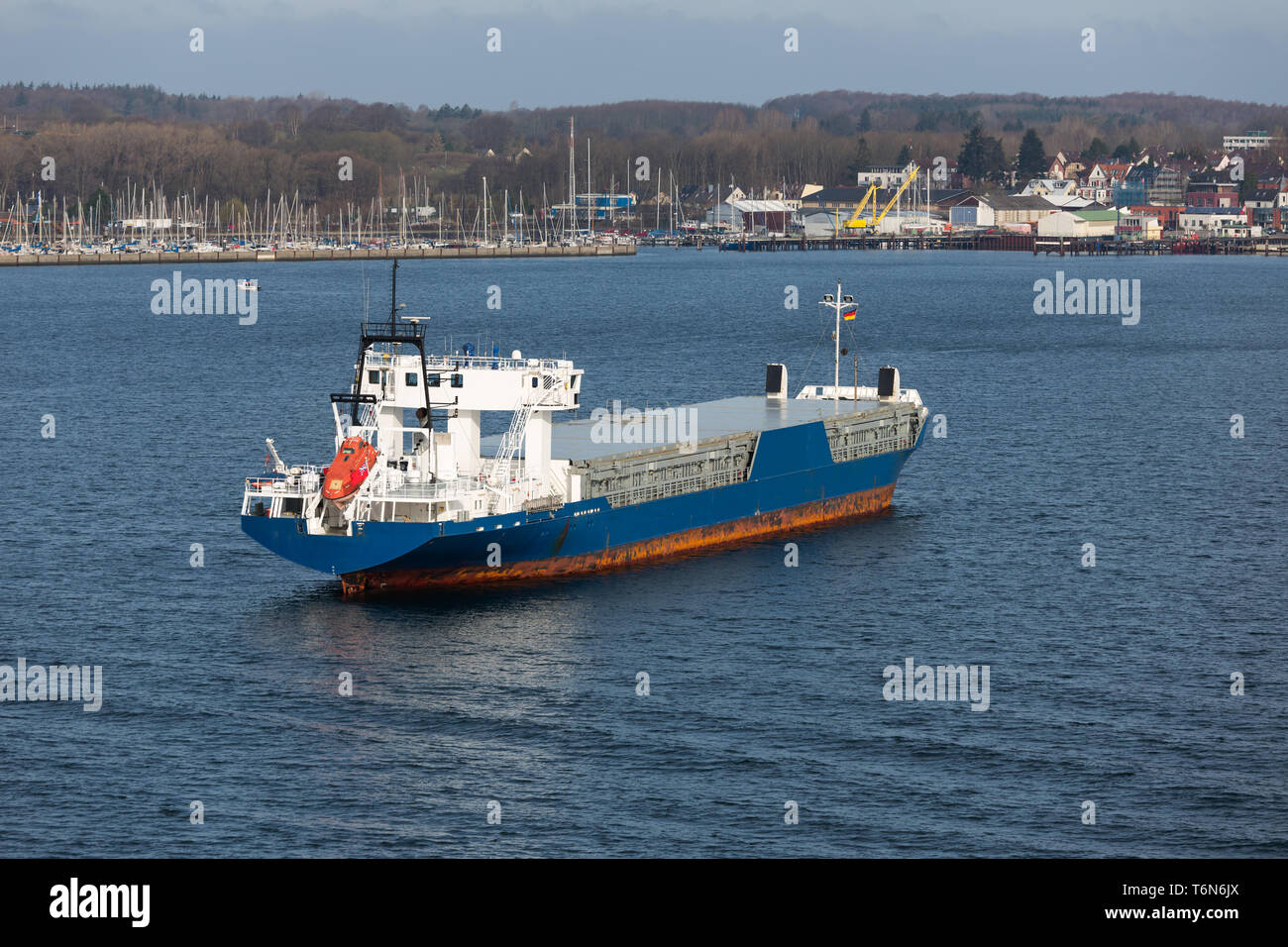 Aerial view of freighter in harbor of Kiel, Germany Stock Photo