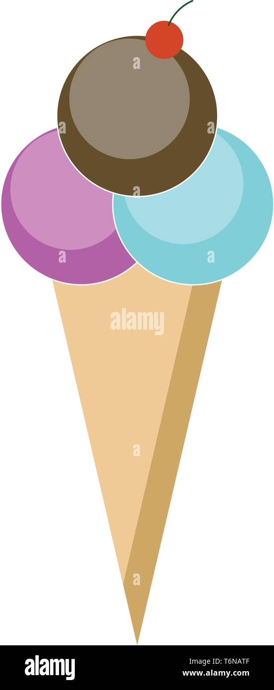 A ice cream cone with three scoops in violet blue and brown color