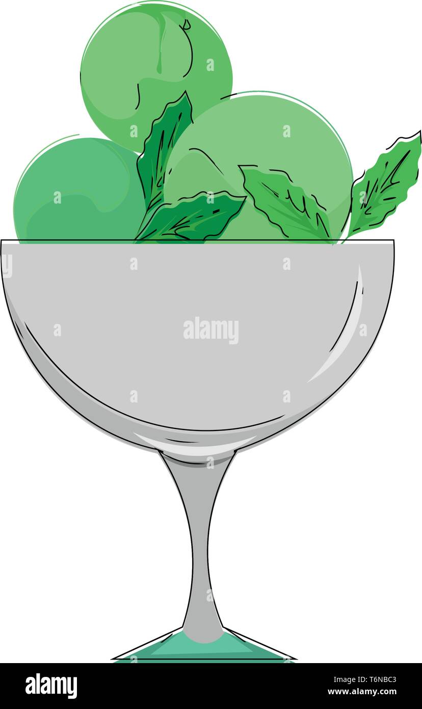 A bowl of green ice cream in mint flavor garnished with mint leaves ...