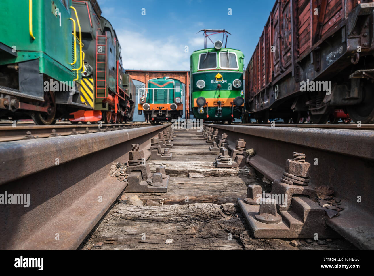 Old locomotives in the transport museum Stock Photo