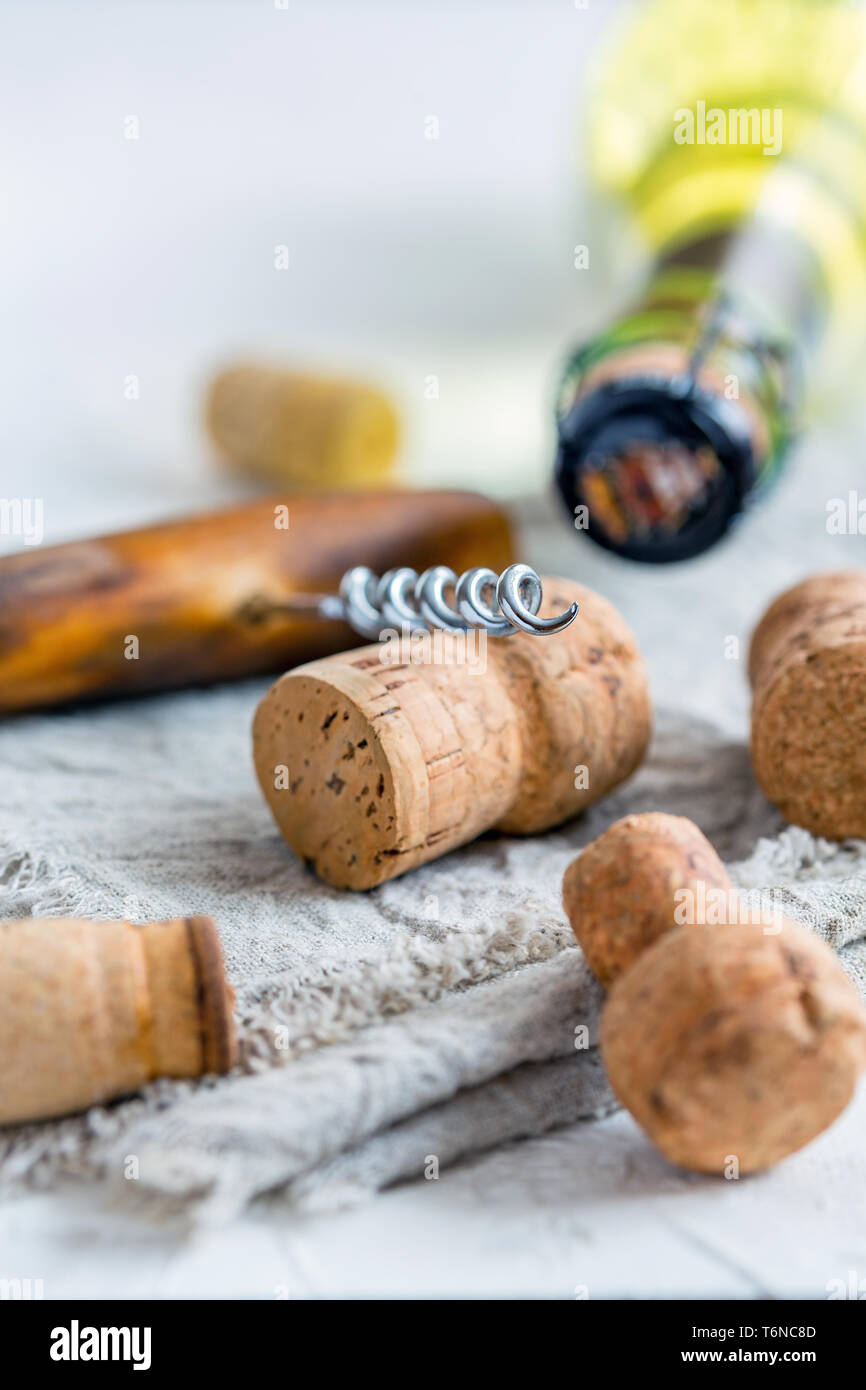 Wine stoppers, old corkscrew and a bottle of wine. Stock Photo