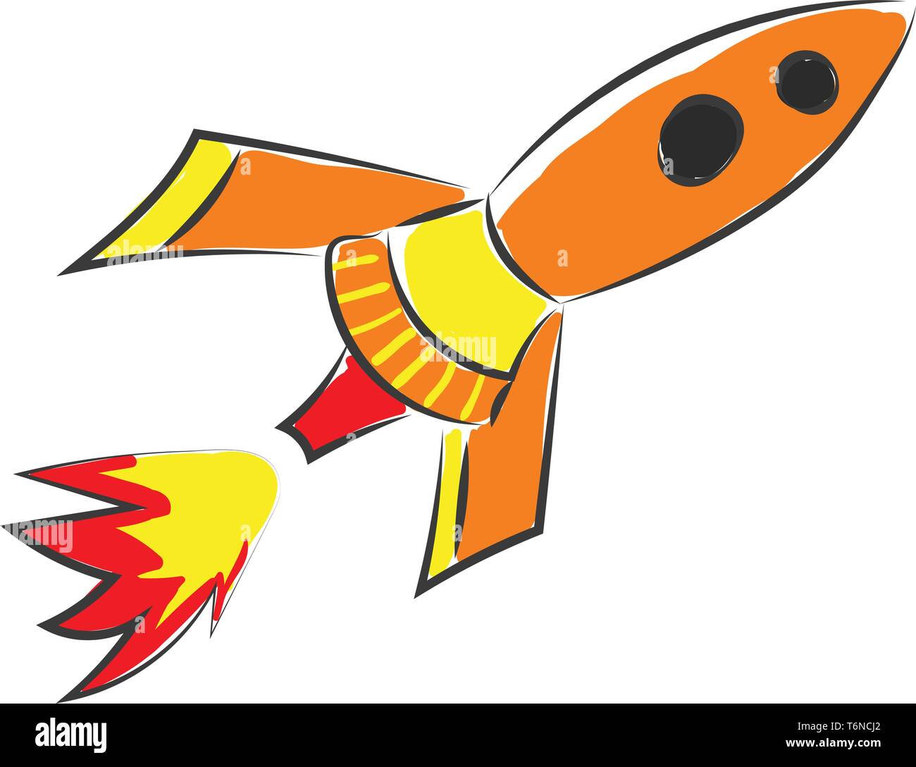An orange rocket flying high with red hot flame vector color drawing or illustration Stock Vector