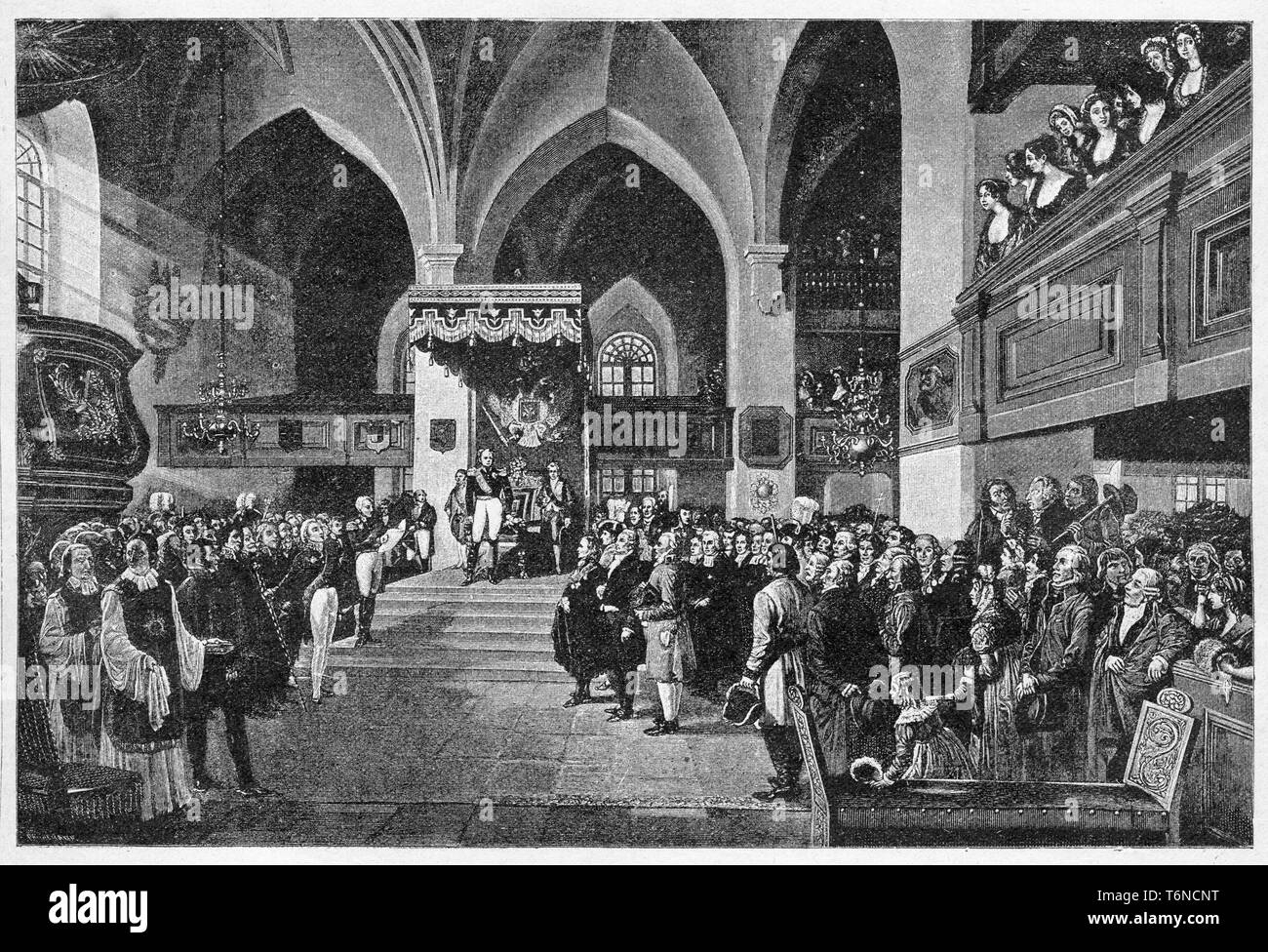 Opening of the Sejm in Borgo, March 16, 1809. Digital improved reproduction from Illustrated overview of the life of mankind in the 19th century, 1901 edition, Marx publishing house, St. Petersburg. Stock Photo
