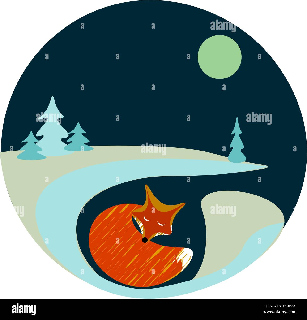A sleeping fox in a dark night with a big moon vector color drawing or illustration Stock Vector
