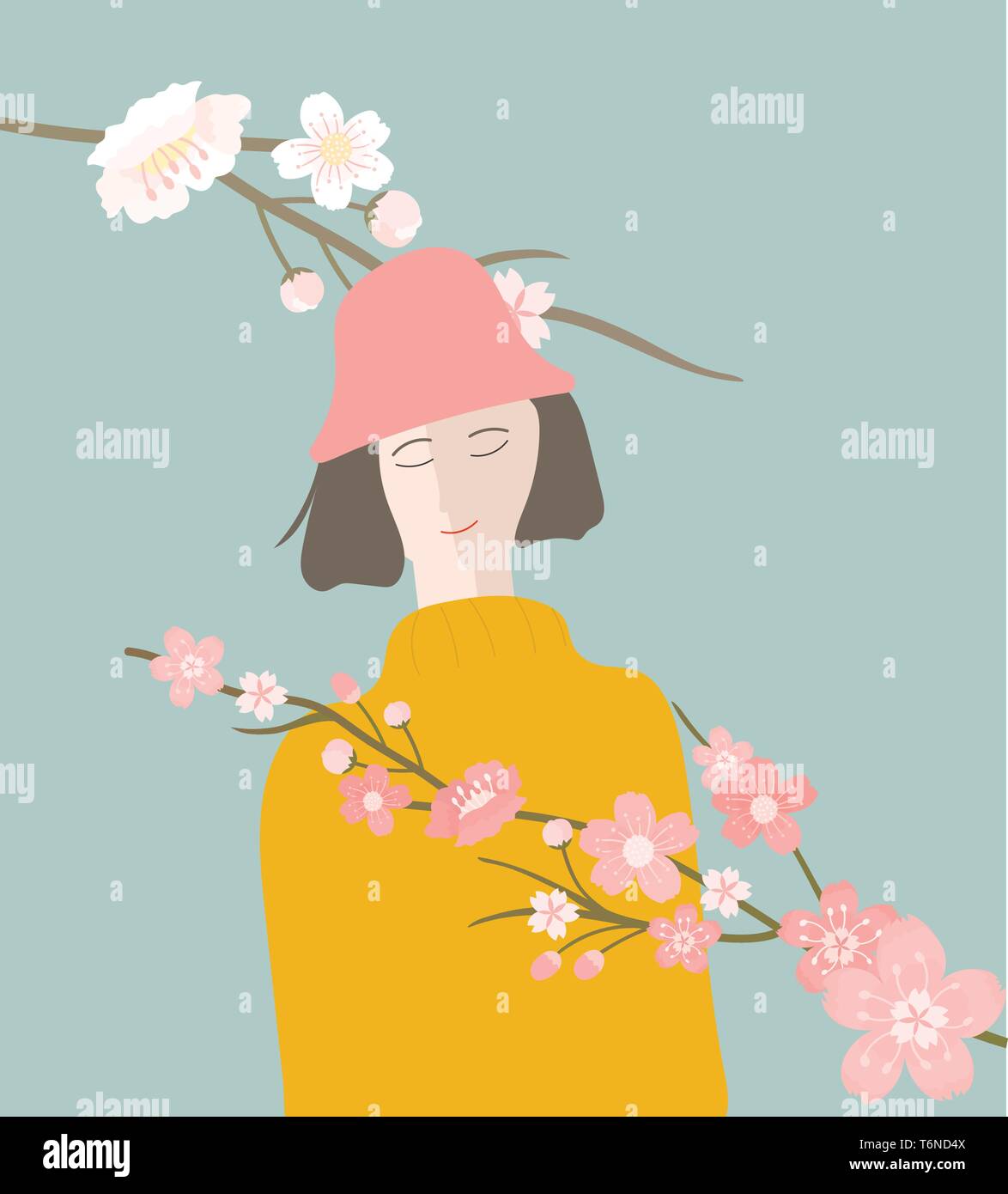 Spring in yellow dress and cap among a beautiful trees and plants vector color drawing or illustration Stock Vector