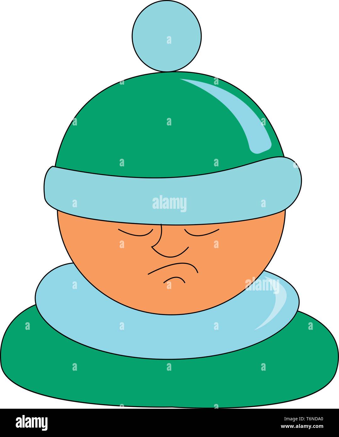 A sleepy lazy boy wearing a blue woolen winter hat and coat vector color drawing or illustration Stock Vector
