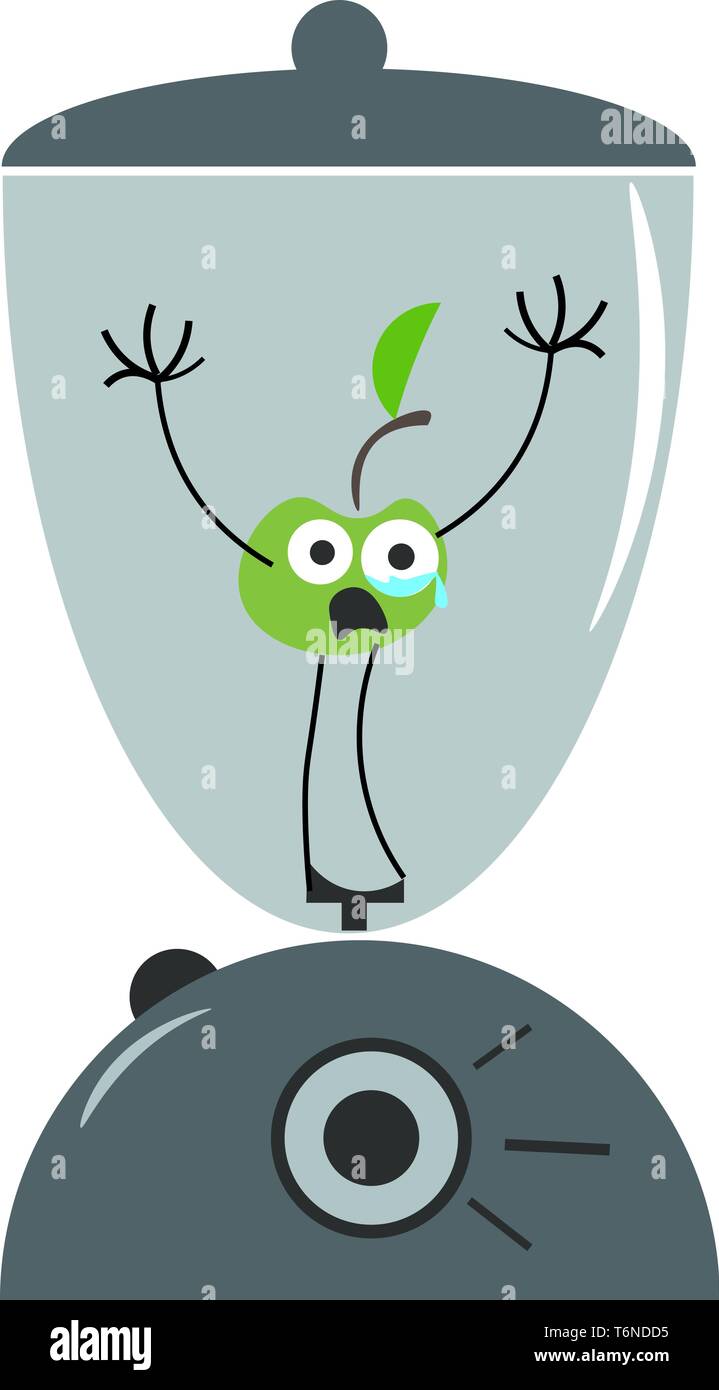 A green apple gets terrified while being blended in a grey-colored blender furnished with a black button and a transparent jar  vector  color drawing  Stock Vector
