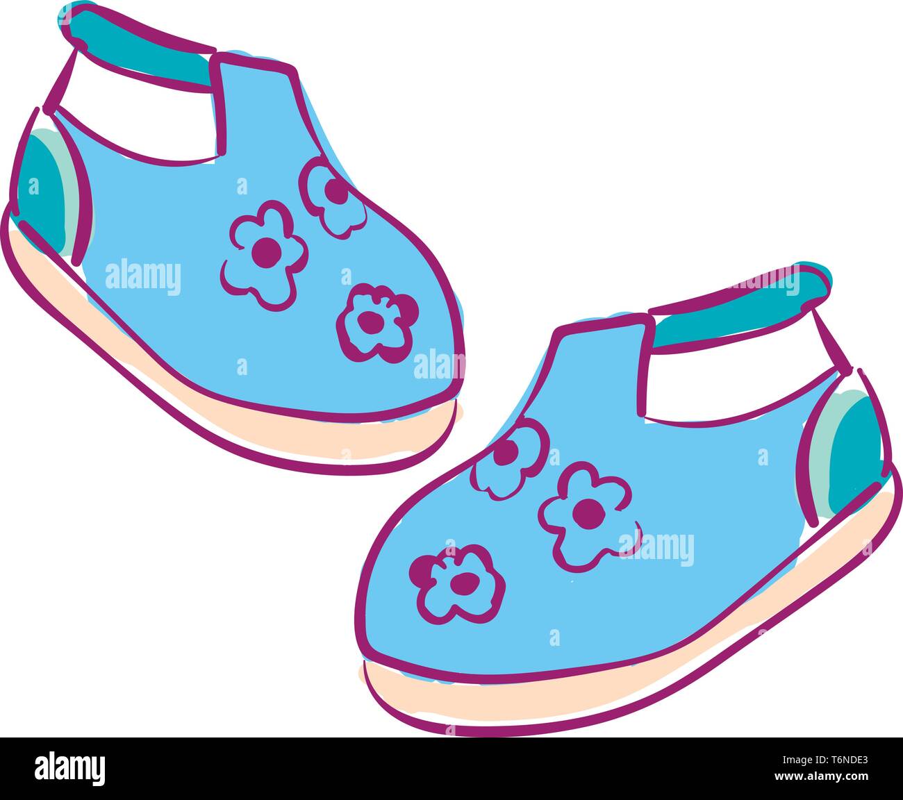 Clipart of a pair of baby's shoes blue in color with white-colored elastic  straps and printed with beautiful purple-colored floral designs and a rose  Stock Vector Image & Art - Alamy