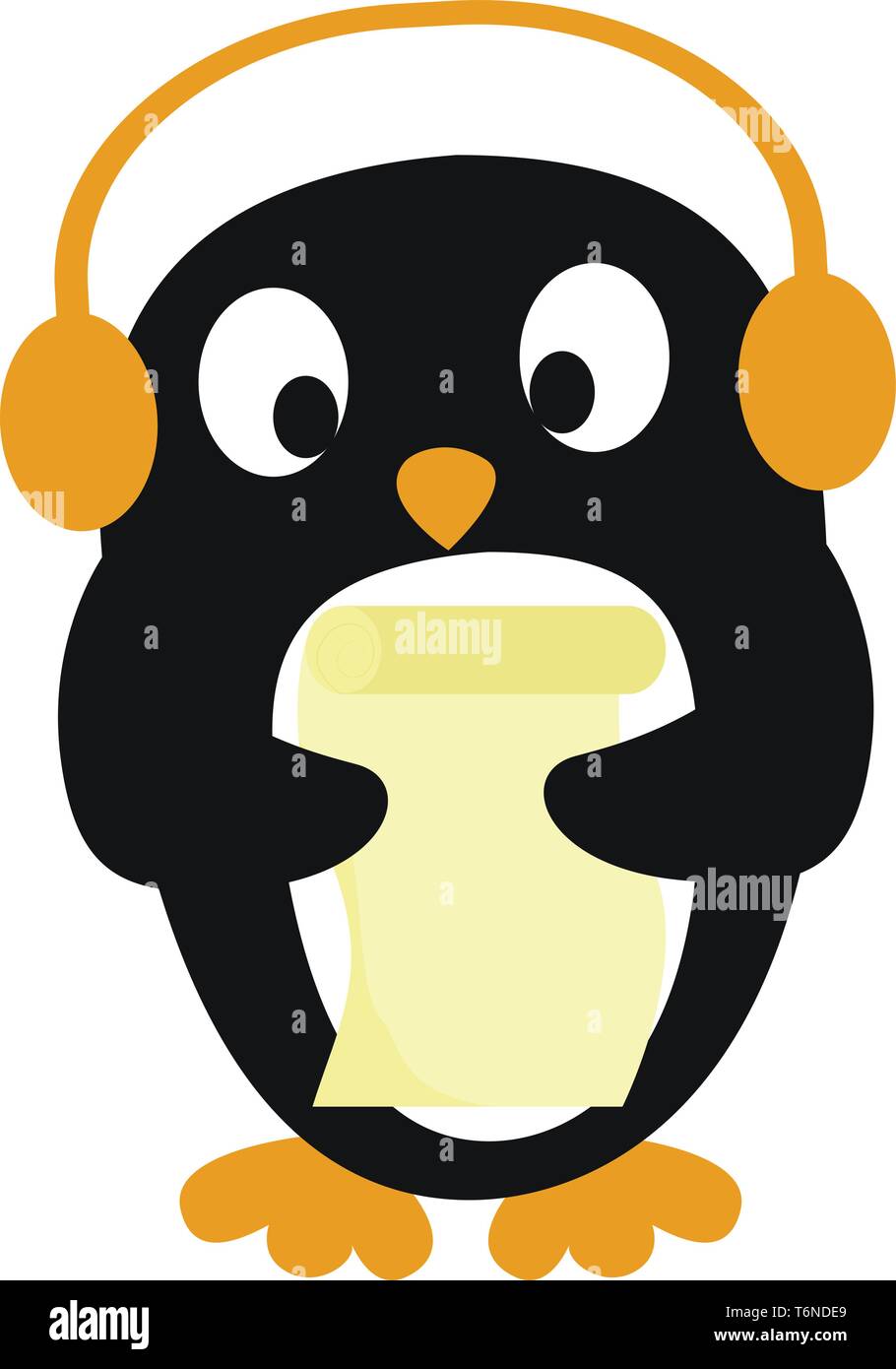 Cute little black-colored penguin with yellow inverted triangle-like nose and yellow feet is listening to music with yellow earphones  vector  color d Stock Vector