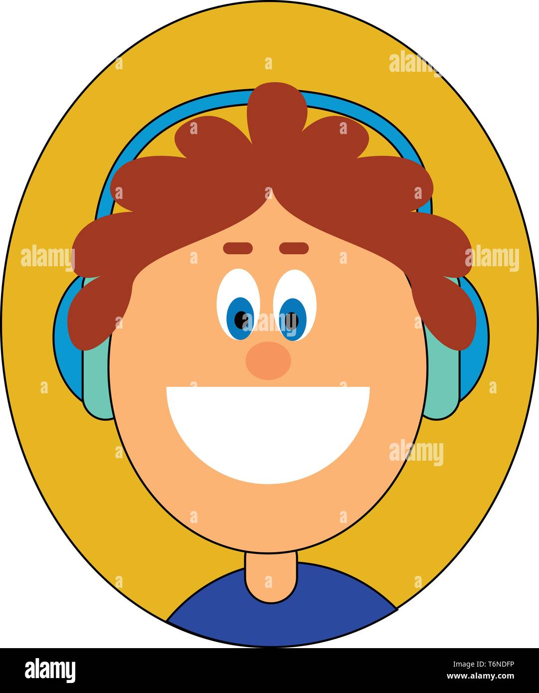 Portrait of a boy in a blue top wears big blue headphones and with his ...