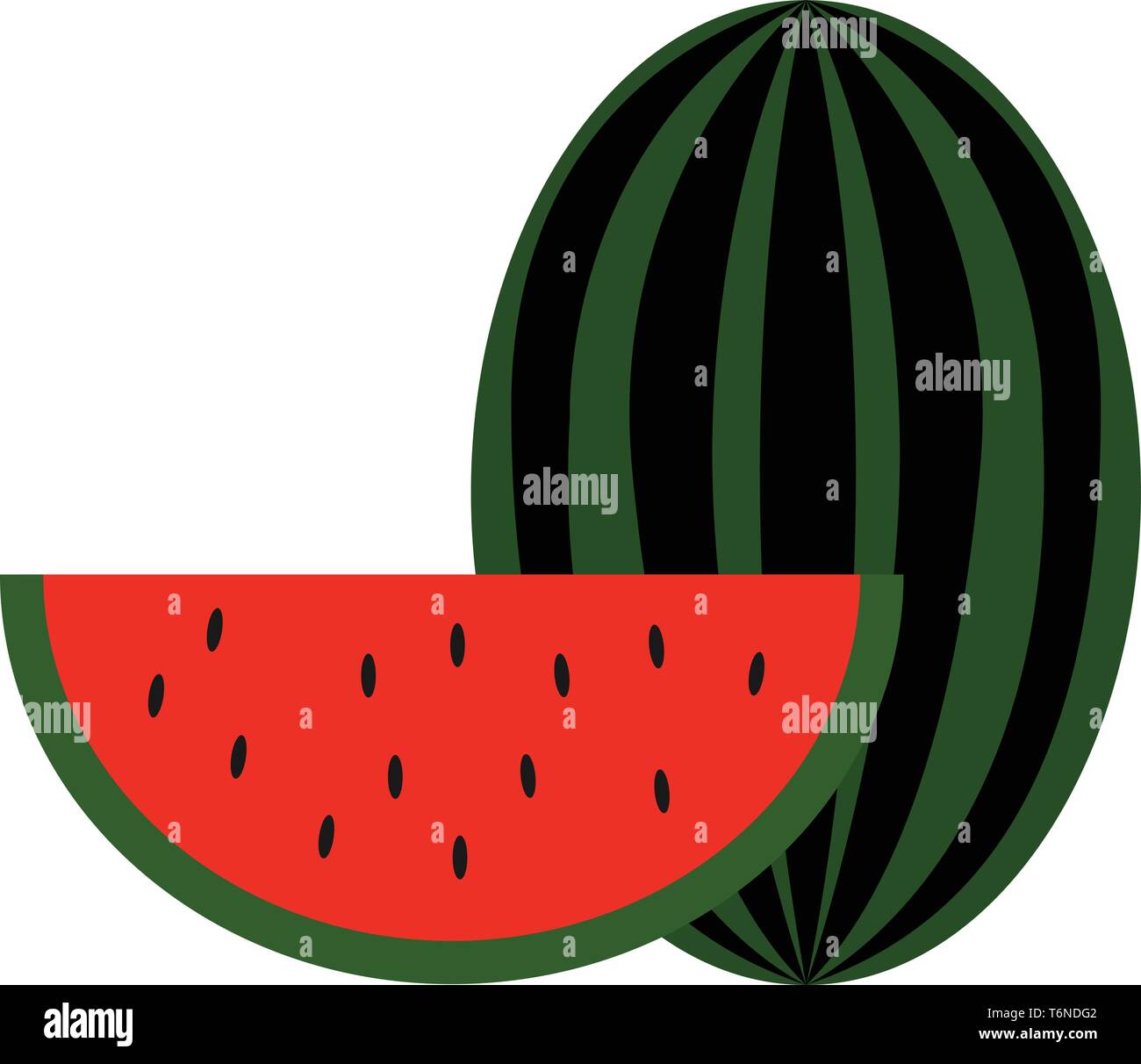 Clipart of a big watermelon and a slice of it with smooth green skin  red pulp  watery juice and black seeds exposed  vector  color drawing or illustr Stock Vector