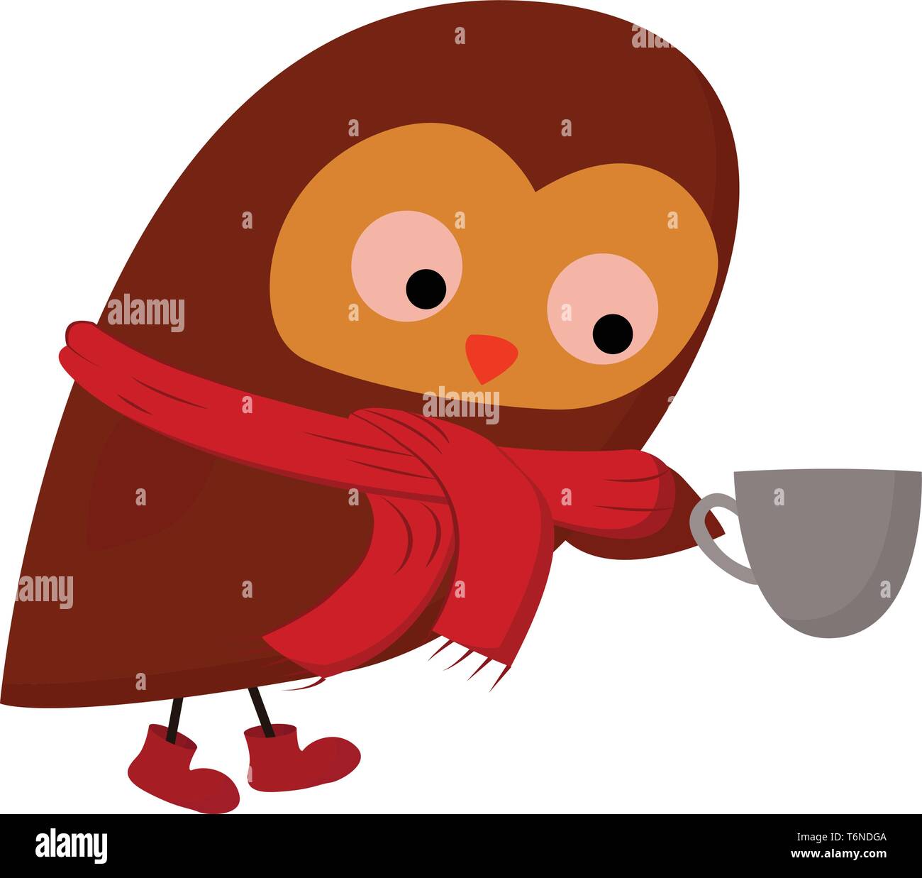 Cartoon bird in a red scarf and boots holds a coffee mug in its hand  vector  color drawing or illustration Stock Vector