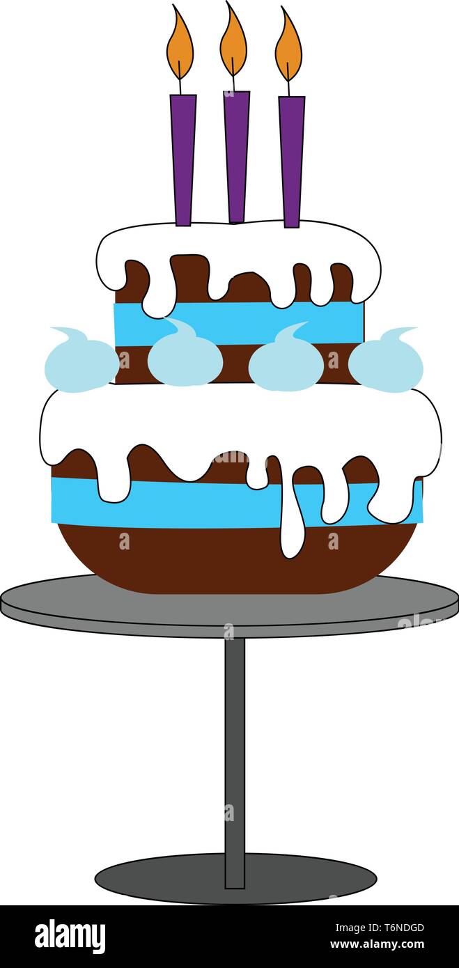 Shades of brown fondant covering the amazing 3-tiered cake with white drippings and three glowing purple candles on top of it  vector  color drawing o Stock Vector