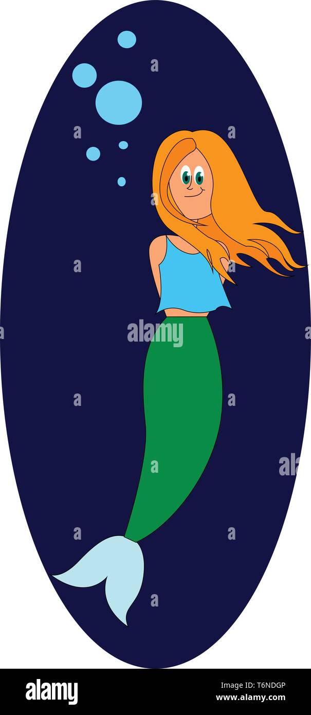 Portrait Of A Smiling Mermaid In A Blue Top Green Trunk White