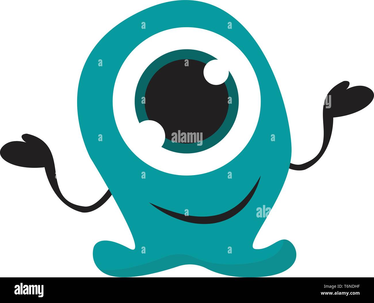 Cartoon one-eyed blue monster has an oval-shaped body  short legs and with black arms  wide opened is smiling  vector  color drawing or illustration Stock Vector