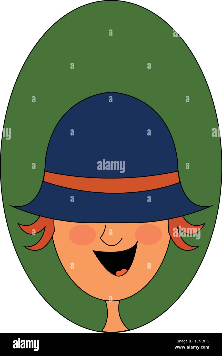 Portrait of a happy boy in a blue hat covering his two eyes has orange hair and tongue exposed while laughing  vector  color drawing or illustration Stock Vector