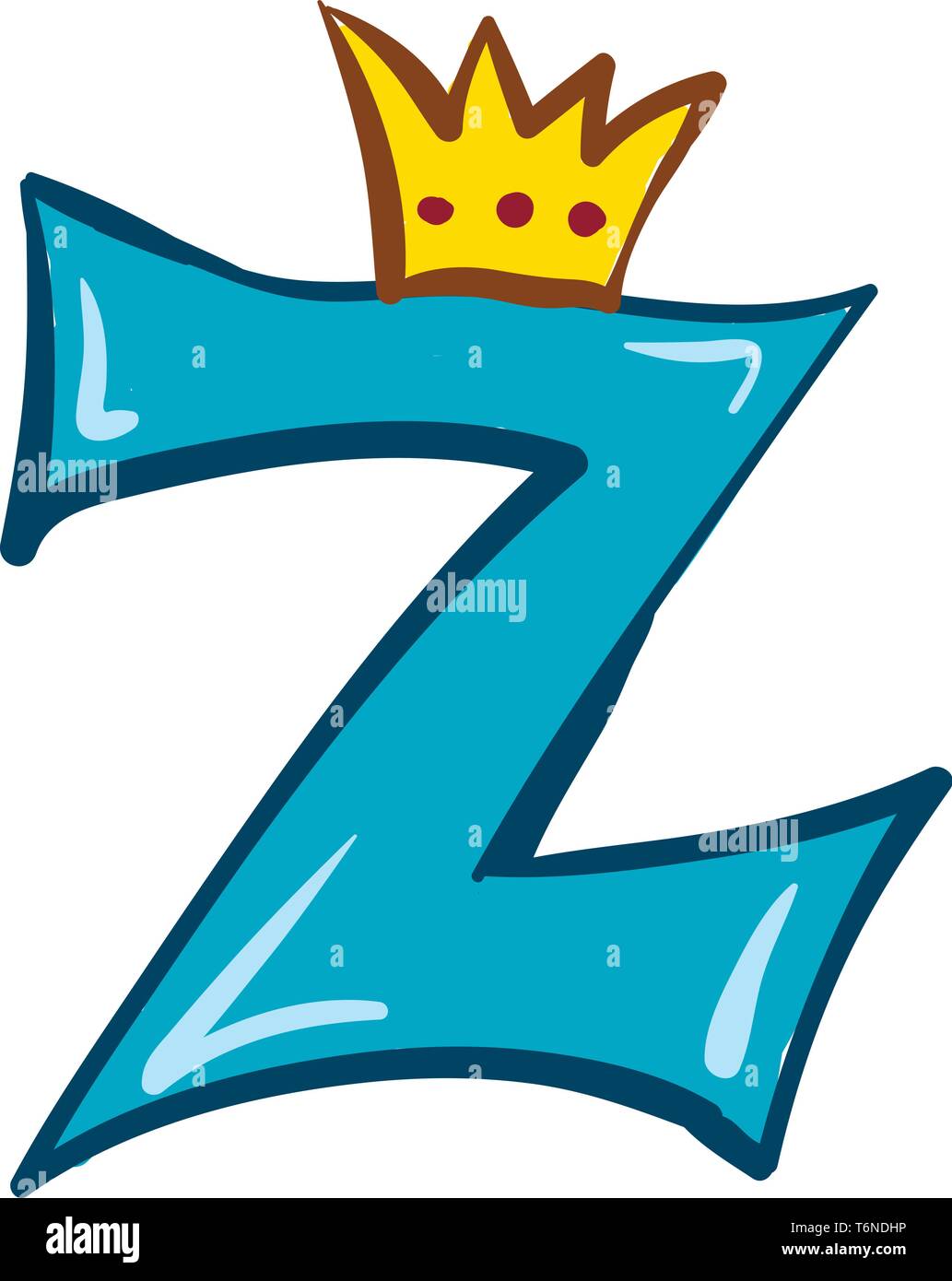 A blue-colored alphabetic figurine with a blue outline and topped with a crown represents the queen alphabet Z  vector  color drawing or illustration Stock Vector