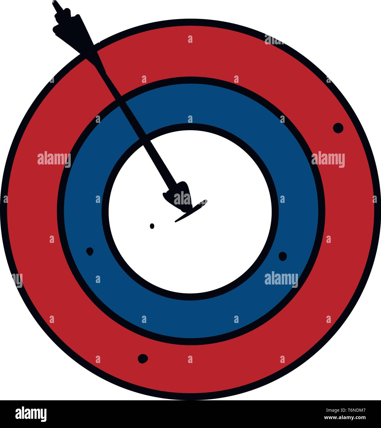 Clipart of a red  blue and white colored bullseye  the center of the target in shooting  shot by a black arrow  vector  color drawing or illustration Stock Vector
