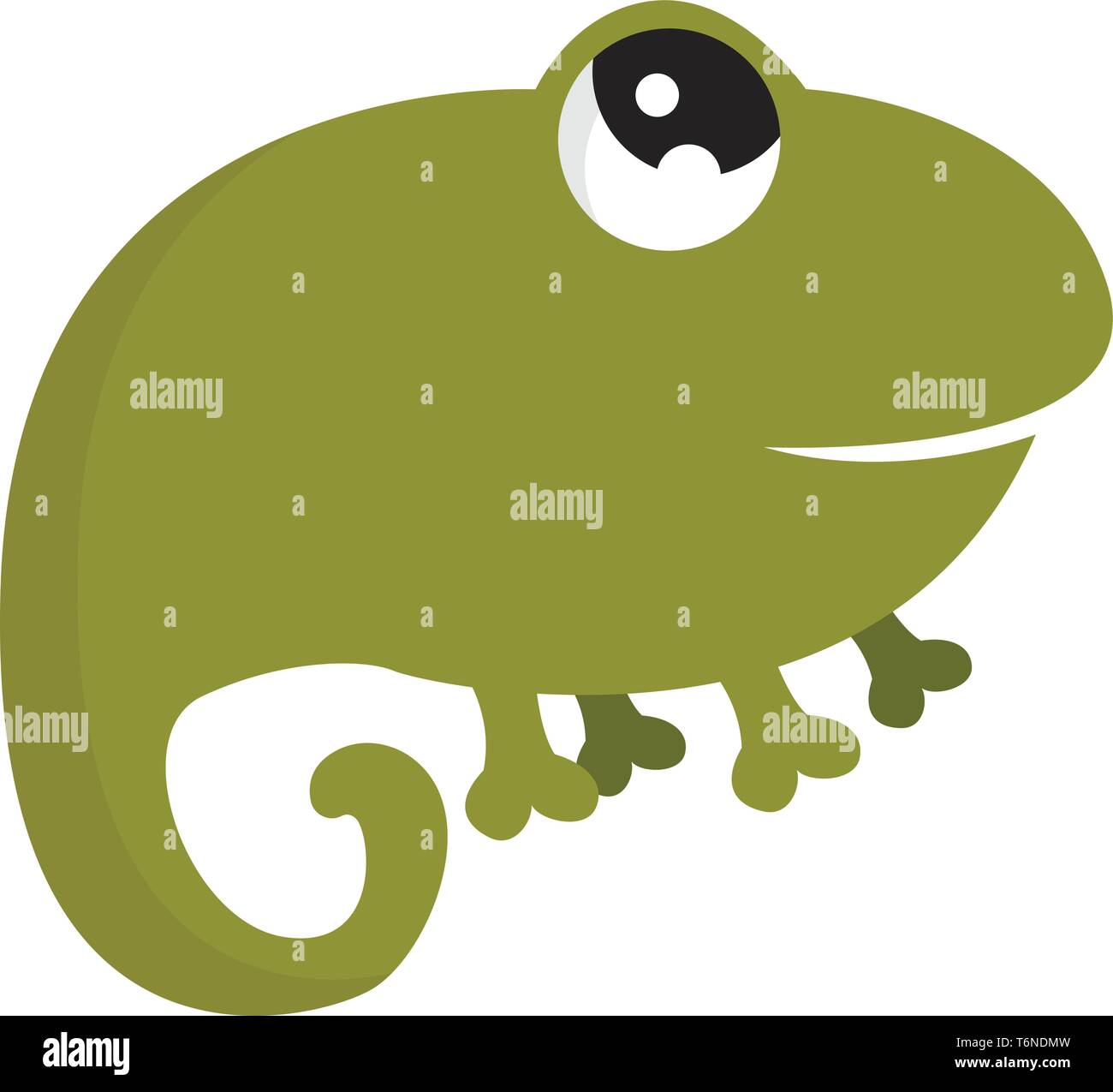 Cartoon funny green chameleon stands with four legs and is laughing