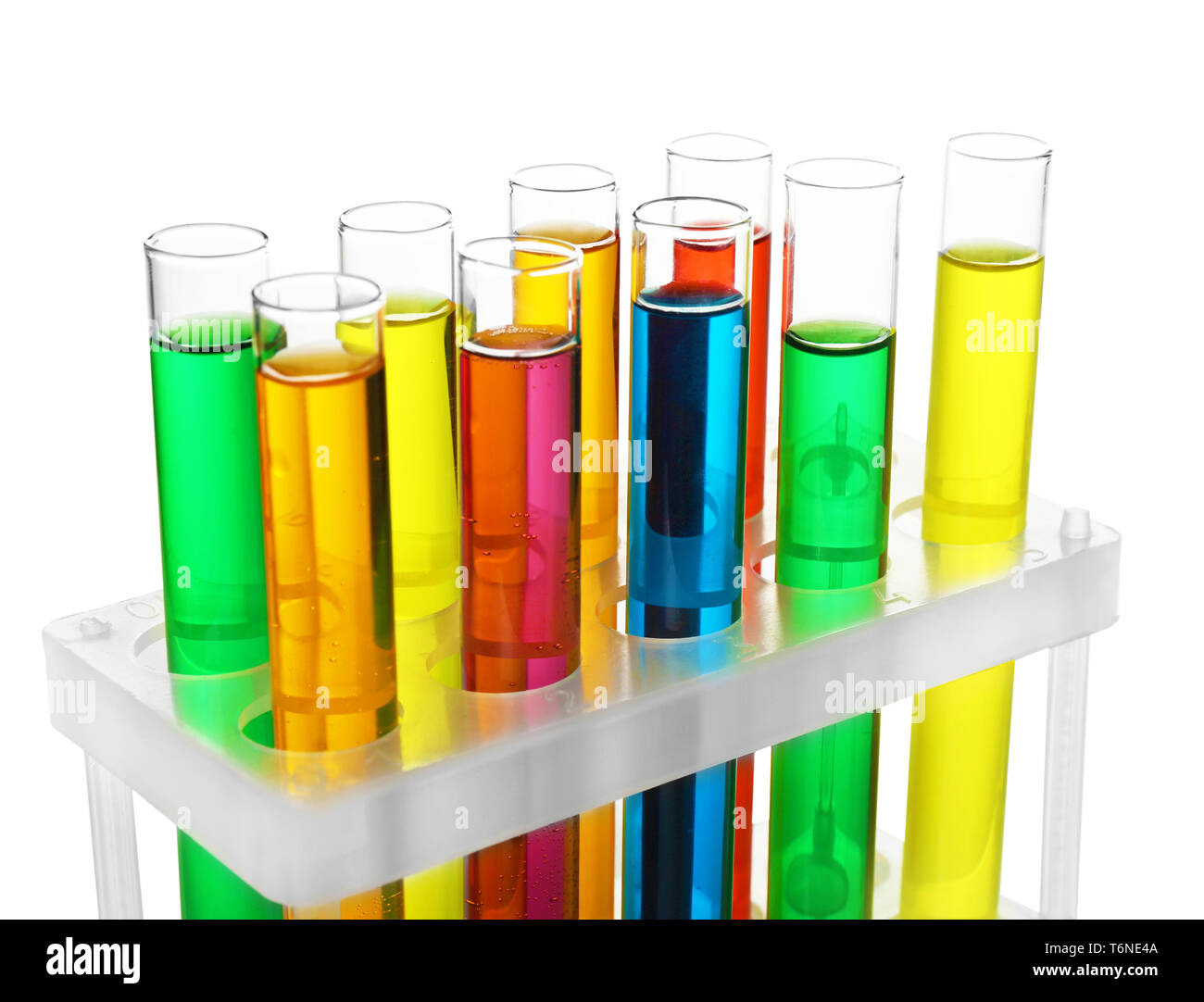 Test tubes with colorful samples on white background Stock Photo - Alamy