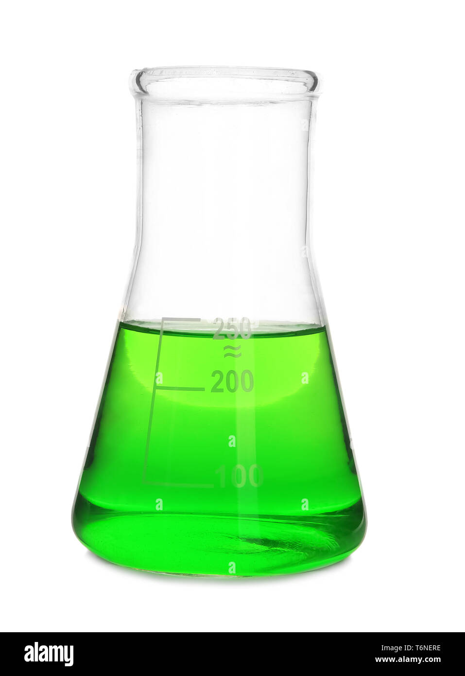 Test flask with green liquid on white background Stock Photo Alamy