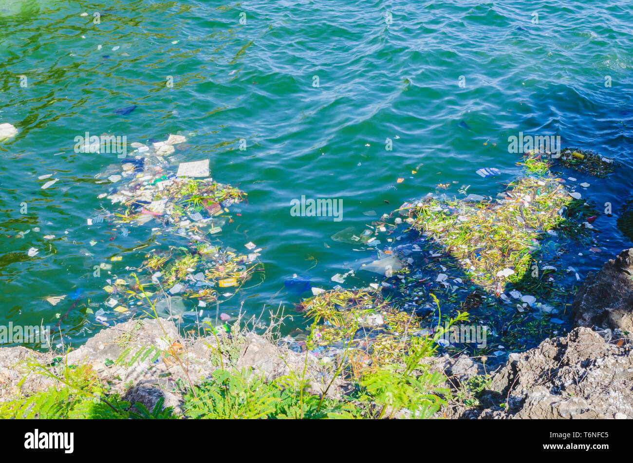 sea polluted by garbage, plastics and wastewater in the city of Santo Domingo, Dominican Republic, where the color and smell is fetid due to polluti Stock Photo